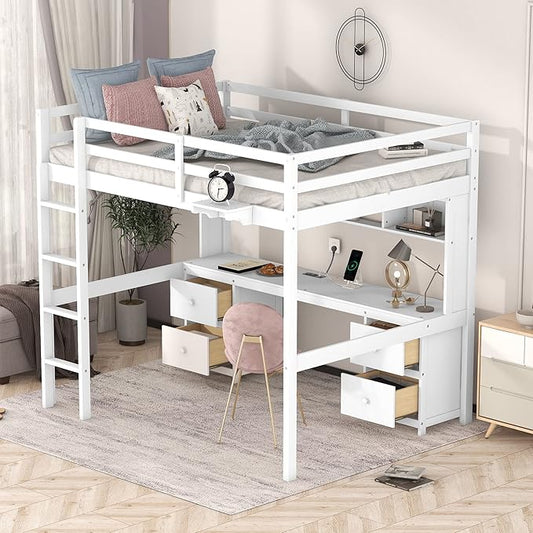 Full Size Loft Bed with Desk, Storage Cabinets, Drawers and Bedside Tray, Multifunctional Full Beds with Plug Outlets & 2 USB Port, White