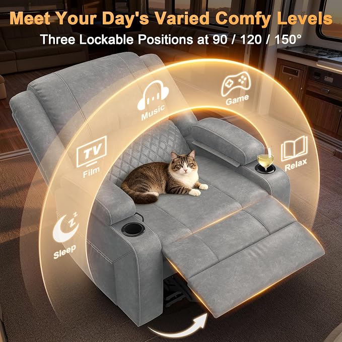 Oversized Manual Recliner Chair, 3 Angle Recliner Home Theater Seating, RV Recliner Single Sofa with Hidden Arm Storage, Cup Holder & Side Pocket (Single, Grey)