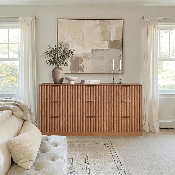 9 Drawer Dresser for Bedroom, 63" Wide Modern Fluted Chest of Drawers, Wooden Dresser with Gold Metal Handles, Mid Century Large Dresser TV Stand for Living Room Hallway Light Walnut