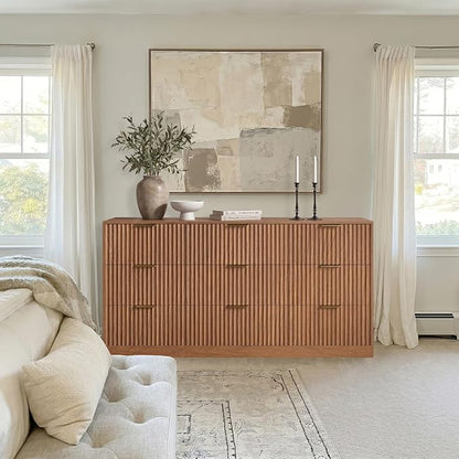 9 Drawer Dresser for Bedroom, 63" Wide Modern Fluted Chest of Drawers, Wooden Dresser with Gold Metal Handles, Mid Century Large Dresser TV Stand for Living Room Hallway Light Walnut