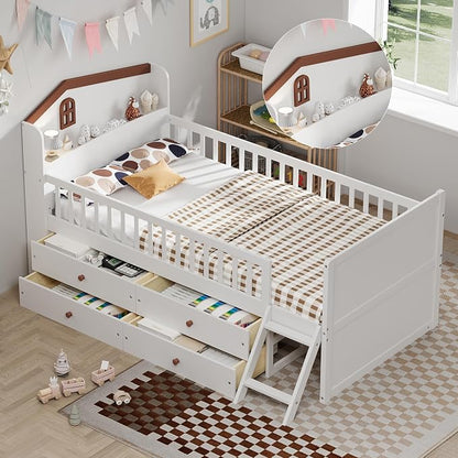 Bellemave Kids Twin Platform Bed with 4 Drawers & Storage Headboard, Wooden Twin Bed Frame with Safety Guardrails & Ladder for Kids Girls Boys, White
