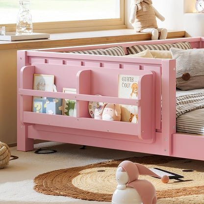 Bellemave Full Floor Bed with Slats and Rails, Full Size Montessori Floor Bed with Bookcase and Fence, Easy Assemble Montessori Beds for Girls, Boys, Pink Floor Beds