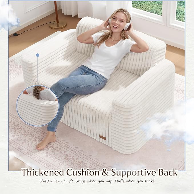 ZurNesfure Sofa Couch Cloud Loveseat, Memory Foam Couch with Pillow No Assembly Need, Modern Couch with deep seat and Washable Cover Boneless Sofas for Living Room Bedroom Apartment (White,Loveseat)