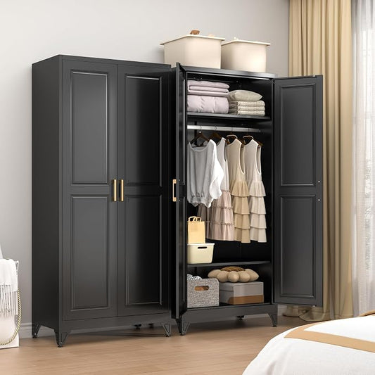 Metal Wardrobe Cabinets,Black Armoire Wardrobe Closet with Hanging Rod,Clothes Storage Cabinet with Adjustable Shelves and Doors,Clothing Cabinet for Bedroom, Office, Laundry Room