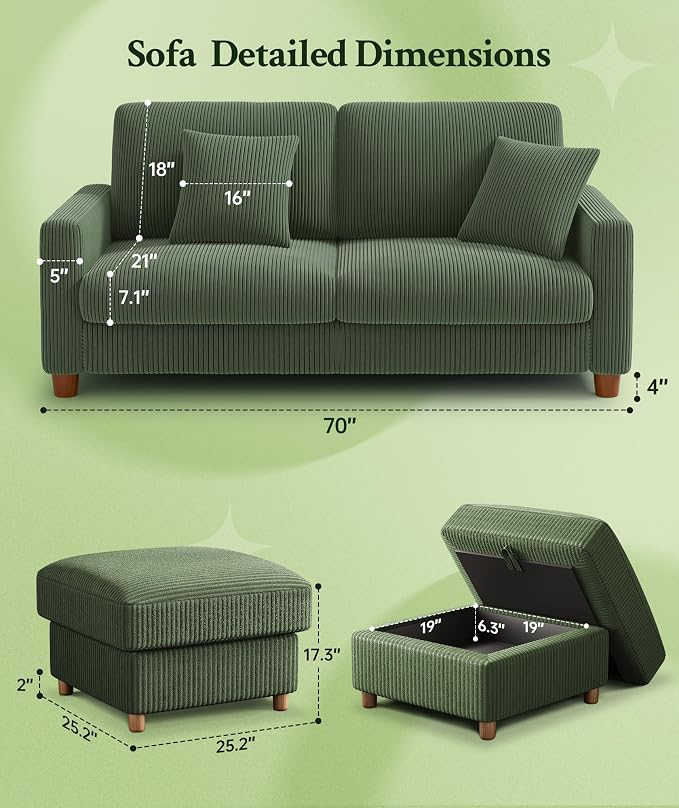 Welzona 70.2" Couches for living room, Comfy U Shaped Couch Green 7.1" Thicker Cushion, Sofas for Living Room Tool-Free Setup, Loveseat with Ottoman 7058lbs Support, Corduroy Couch for Bedroom, Office