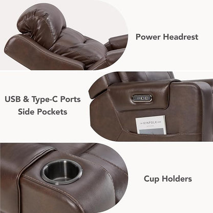 Watson & Whitely Genuine Leather Power Recliner Chairs for Adults, Lay Flat Recliner with Power Headrest, USB Ports and Cup Holders, Electric Reclining Sofa for Living Room, Bedroom, Dark Brown