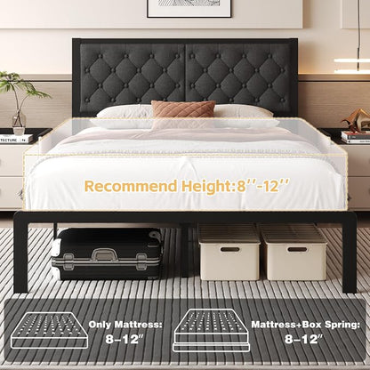 Fluest Queen Bed Frame with Headboard Linen Upholstered Bed Frame Platform,All Metal Slats Support Platform Bed Frame with Storage Space,Easy Assembly,Noise Free,No Box Spring Needed,Grey