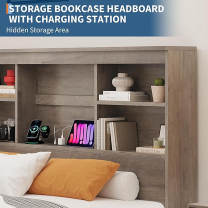 GarveeHome King Size Bed Frame with High Storage Bookcase Headboard, Wood Bed Frame with 4 Storage Drawers, Built in Charging Station, No Box Spring Needed, Metal Frame, Noise-Free, Grey