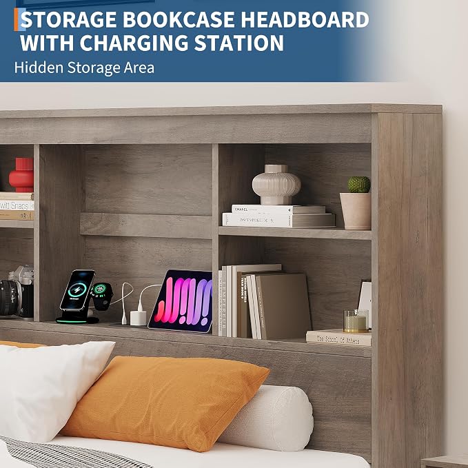 GarveeHome Queen Size Bed Frame with High Storage Bookcase Headboard, Wood Bed Frame with 4 Storage Drawers, Built in Charging Station, No Box Spring Needed, Metal Frame, Noise-Free, Grey