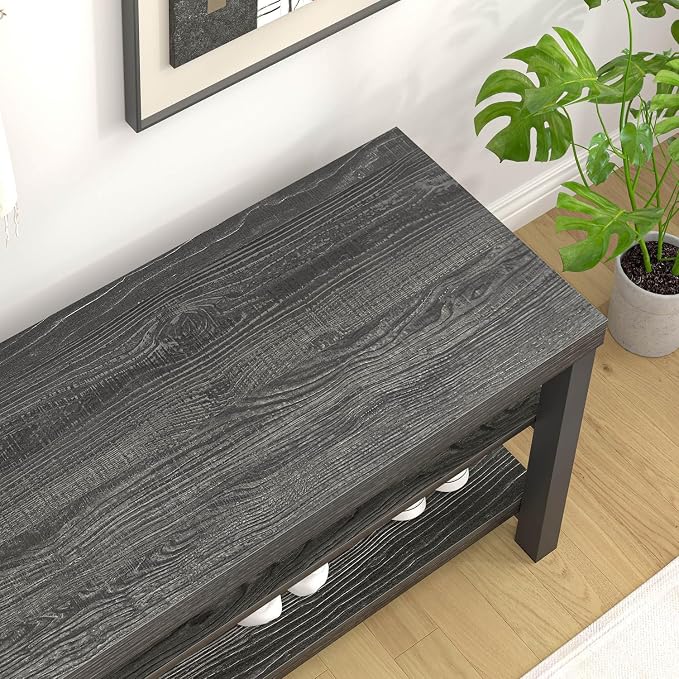 FOLUBAN Entryway Bench, Rustic Wood Shoe Storage Bench for Hallway Front Door Entrance, Industrial Indoor Bench for Bedroom Living Room, Dark Gray, 43.3 Inch
