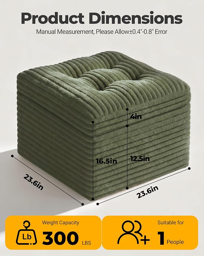 23.6in Pouf Ottoman, Corduroy Ottoman Foot Rest with Dual‑Layer Support, Large Poofy Pouf with Soft Chunk‑Foam Top & Firm Foam Base, Floor Foot Stool for Living Room, Green
