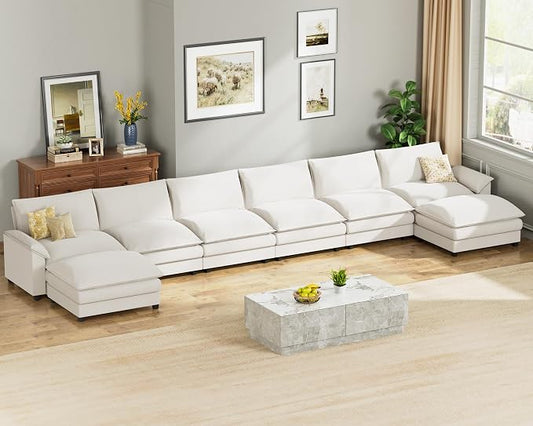 Homall 232" Modular Sectional Sofa, Oversized Sofa Couch with Reversible Ottoman, DIY Combination Chenille Deep 6-Seat Cloud Couch for Living Room, Apartment (White, Oversized Sofa)