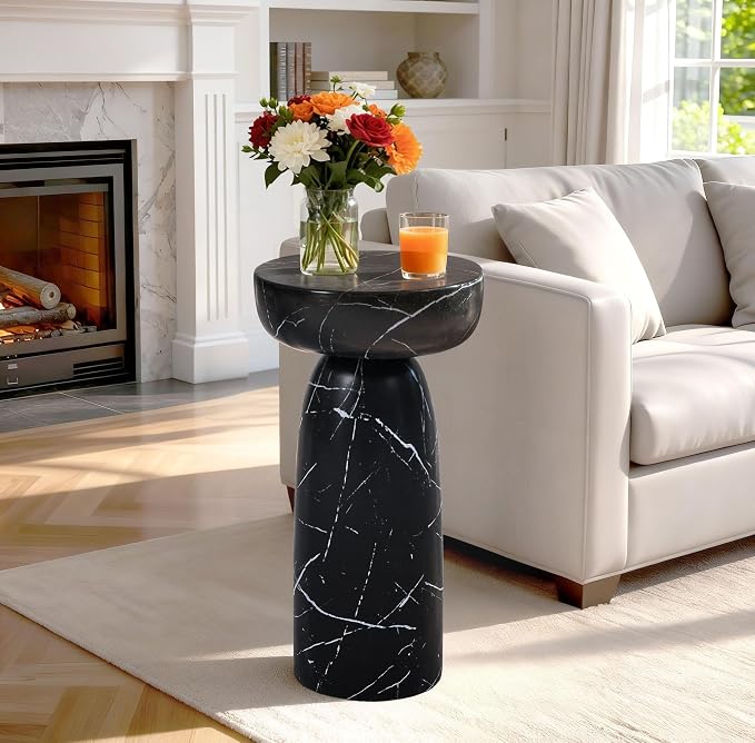 Marble Side Table, 24" Modern Faux Stone Accent Coffee Table | Durable Faux Marble Look Table for Small Spaces. Modern Pedestal Drink Table for Living room, Patio or Balcony.