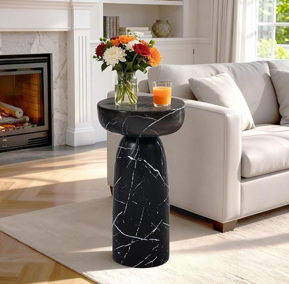 Marble Side Table, 24" Modern Faux Stone Accent Coffee Table | Durable Faux Marble Look Table for Small Spaces. Modern Pedestal Drink Table for Living room, Patio or Balcony.