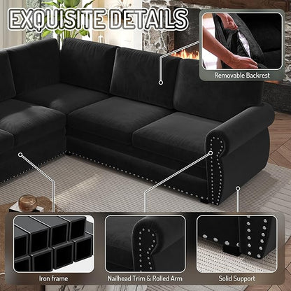 118" L-Shaped Sleeper Couch Bed - Oversize Convertible with Pull-Out Sofa Bed, Button Tufted Chesterfield Sofa, Chenille Sectional Vintage Couches for Living Room/Apartment(6-Seater, Black)