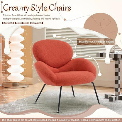 Small Accent Chair Set of 2,Sherpa Chair with love Back, Boucle Chairs with Metal Legs, Comfy Modern Reading Chairs / Sherpa Accent Chair with Thick High-Elastic Sponge / cream style room (Orange)