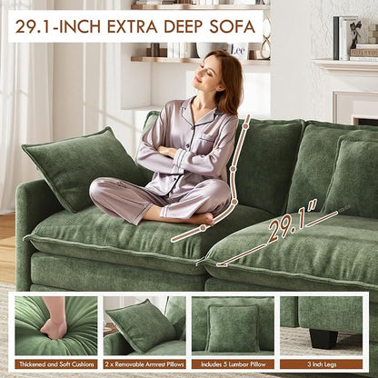 WorthFurni 114” Oversized Modular Sectional Sofa, 7-Seater V Shaped Cloud Couch Set, Comfy Chenille Deep Seat Couches with 2 Movable Ottomans, DIY Combination for Living Room (Green)