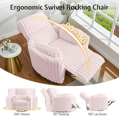 Jocisland Power Recliner Nursery Chair for Adults, Electric Swivel Rocking Glider with USB & Type-C, Soft Fabric Armchair with 2 Pillows, Cozy Reclining Sofa for Living Room, Bedroom, Light Pink