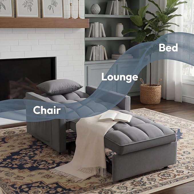Sleeper Chair, Pull Out Chair Sleeper with Adjustable Back & Pocket, Convertible Chairs Bed Sleepers for Adults, 3 in 1 Sofa Bed Chairs for Small Spaces, Living Room, Gray