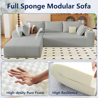 96" Modular Sectional Sofa, Modern Corduroy Cloud Couch with Deep Seat, Boneless Couch Upholstered 3-Seater L-Shaped Sofa for Living Room, No Assembly Required (Light Grey, Left-Facing Chaise)