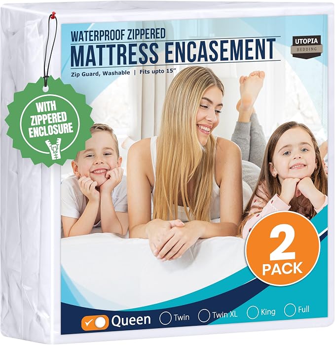 Utopia Bedding Queen Mattress Protector Zippered (Pack of 2), 100% Waterproof Bed Bug and Dust Mite Proof Mattress Encasement, Absorbent 6 Sided Mattress Cover