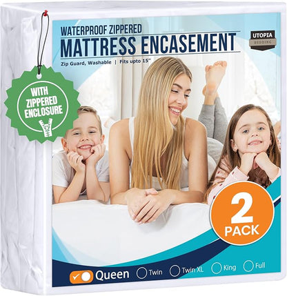 Utopia Bedding Queen Mattress Protector Zippered (Pack of 2), 100% Waterproof Bed Bug and Dust Mite Proof Mattress Encasement, Absorbent 6 Sided Mattress Cover