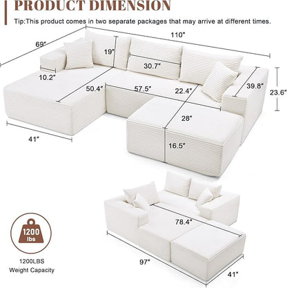 Mangodan 110” Cloud Sectional Couch, Modular Sectional Sofa with Deep Seat, Boneless Sofa for Living Room, Fluffy Comfy U-Shaped Couch with Left Facing Chaise, No Assembly Required, Beige