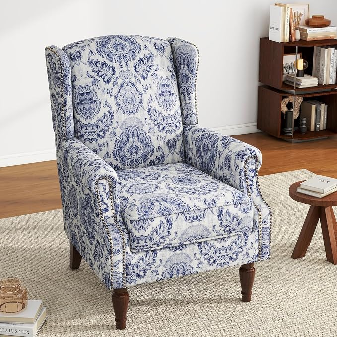 High Back Accent Chair, Fabric Upholstered Armchair Floral Wingback Chair for Living Room, Comfy Solid Wood Legs Bedroom Reading Seat - Navy