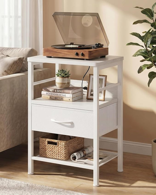 Lazzanto Nightstands Set of 2 with Charger Station, White Night Stand | Open Shelf | Hooks | USB-C USB-A Ports AC Outlets | Fabric Drawer | Bedroom | Living Room | Dorm