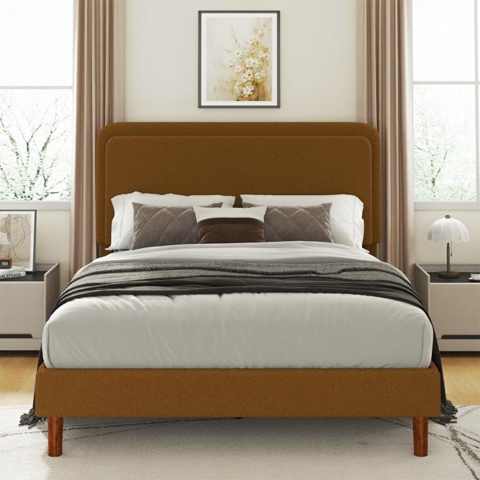 Full Size Boucle Upholstered Bed Frame with Adjustable Headboard, Cloud Platform Bed, Solid Wooden Legs, No Box Spring Needed, Easy Assembly, Brown
