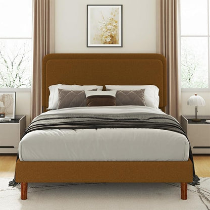 Full Size Boucle Upholstered Bed Frame with Adjustable Headboard, Cloud Platform Bed, Solid Wooden Legs, No Box Spring Needed, Easy Assembly, Brown