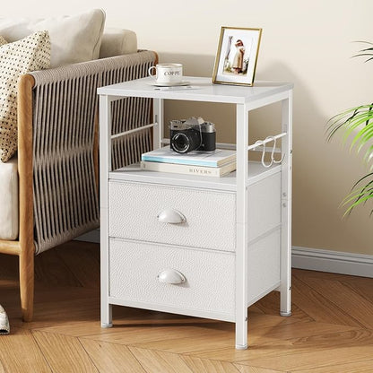 Furologee Nightstand Bedside Table with 2 Fabric Drawers, White Side Table with 2-Tier Shelf, Night Stand with Hooks, for Bedroom, Living Room, Backboard Design, Wooden Top, Metal Frame, White