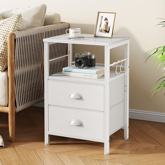 Furologee Nightstands Set of 2, End Table with 2 Fabric Drawers, Night Stand with 2 Hooks, Open Wood Shelf Bedside Table for Bedroom/Living Room/White