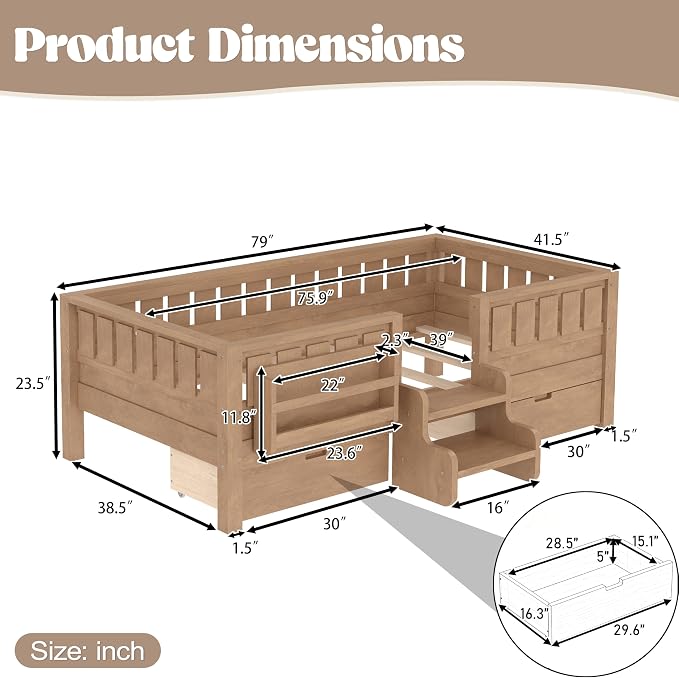 Bellemave Twin Montessori Bed with Stairs, Rails and Slats, Twin Size Montessori Floor Bed with Bookshelf and 2 Storage Drawers, Easy Assemble Beds Frame for Girls, Boys, Natural