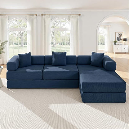 ivoros 108" Oversized Convertible Sleeper Sofa Bed, Corduroy L Shape Sectional Couch, Folding Sofa Bed with Fixed-Shape Frame, Modern Cloud Floor Mattress Couch, Modular Sofa for Living Room, Blue