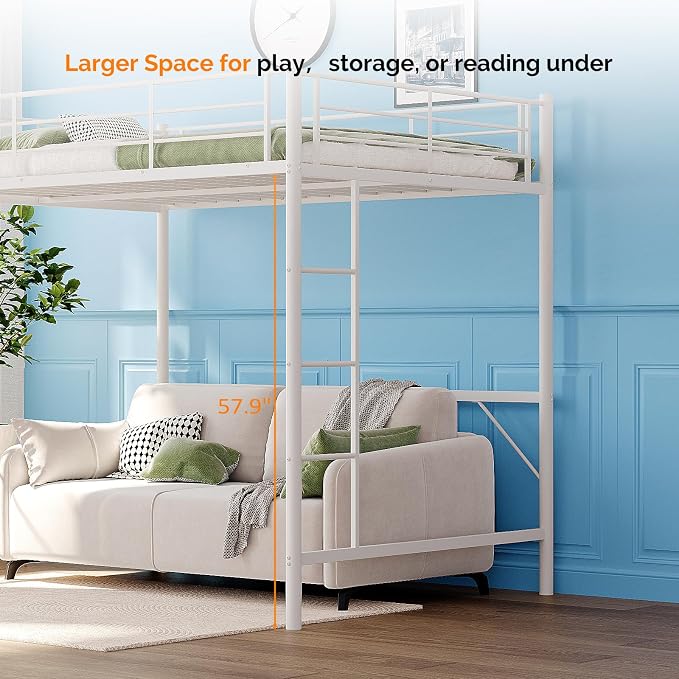 VINGL Loft Bed Full Size Kids Loft with 2 Stairs Design,Space-Saving Double Bed for Teens, Adults, Heavy Duty Metal Square Slat, No Box Spring Needed,White