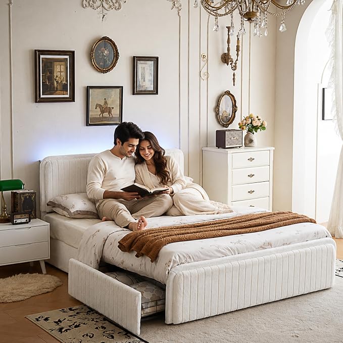 Queen Bed Frame with 2 Storage Drawers & Headboard, Upholstered Platform Bed Frame Queen Size with LED Lights & Charging Station, Metal Slats Support, No Box Spring Needed, Noise Free, Easy Assembly