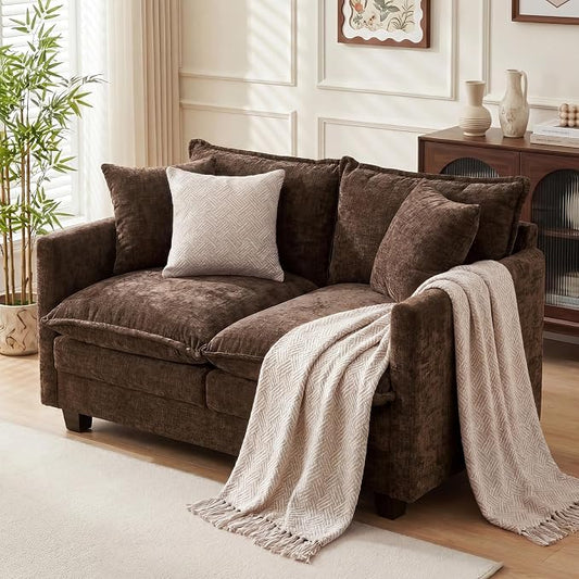 Loveseat Sofa Couch, Small Mini Compact 50" Love Seat 27" Deep Cloud Sofa Seat Washable Chenille Pillow for Apartment Bedroom Dorm Attic Studio Office Living Room Small Space 8833-BRWON