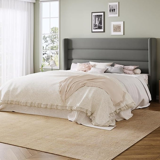 Allewie King Size Platform Bed Frame with Velvet Upholstered Wingback Headboard, No Box Spring Needed, Under Bed Storage Space, Strong Wooden Slats, Modern Mattress Foundation, Easy Assembly, Grey