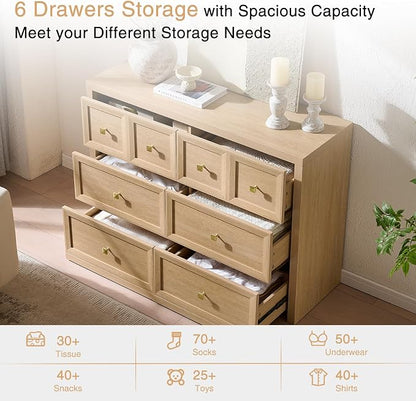 6 Drawers Dresser for Bedroom-46.5" Wide Wooden Chest of Drawers with Large Storage, Long Dresser TV Stand with Drawers, Farmhouse Closet Dressers for Living Room Bedroom, Natural