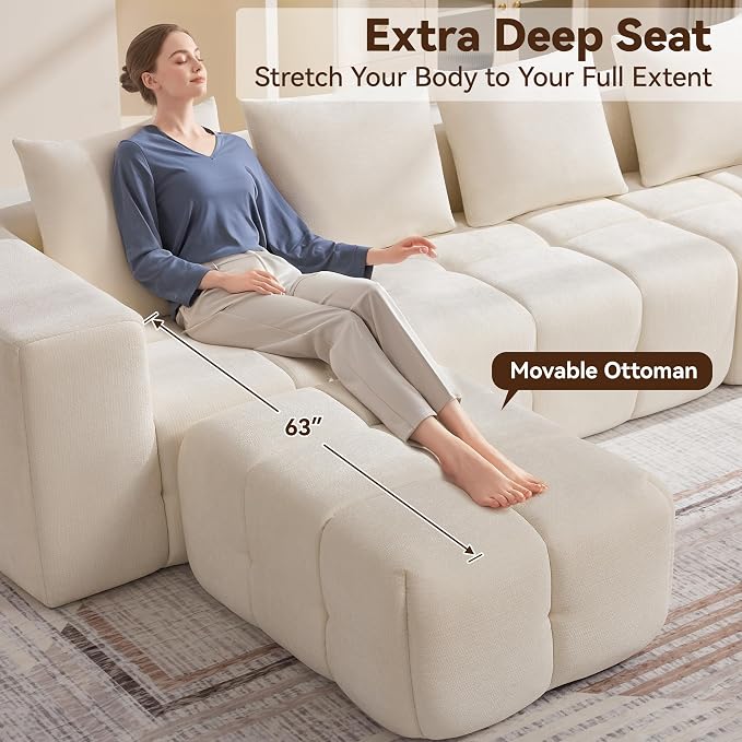 160" Boneless Couch, Oversized Cloud L Shaped Couch, Modular Sectional Sofa with Deep Seat, Modern 6 Seater Sectional Couches for Living Room Bedroom, Tufted Sofa, No Assembly Required, Beige