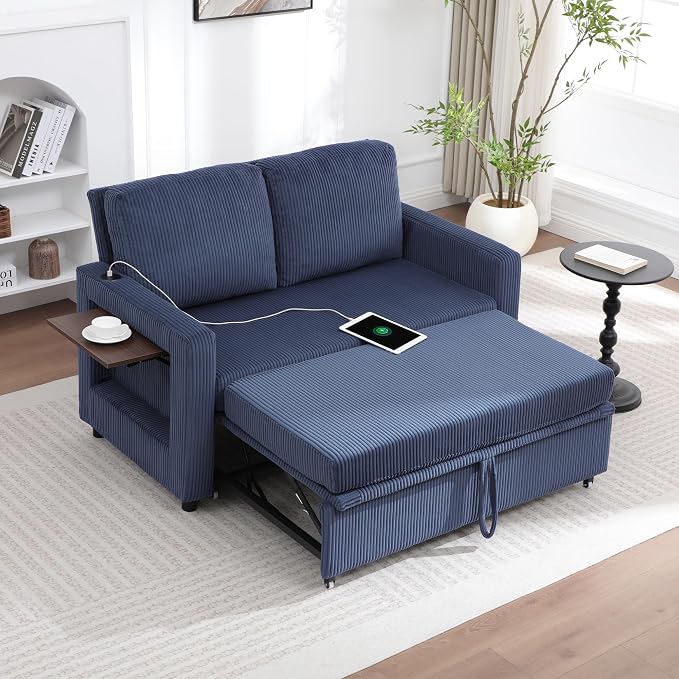 3 in 1 Folding Convertible Sleeper Sofa Bed, Pull Out Couch with Side Pockets,USB Port,Side Table,Loveseat Sofa Bed with Adjustable Backrest for Living Room Bedroom 66" Blue 2 SEAT