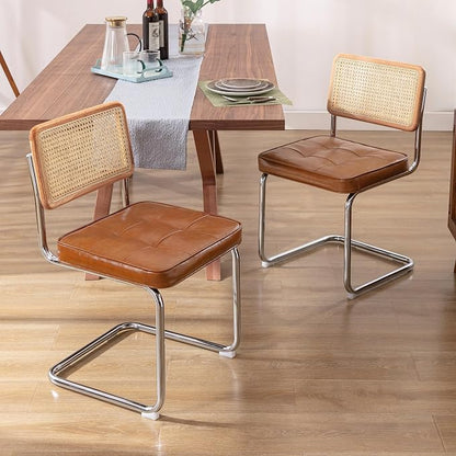 Zesthouse Natural Rattan Dining Chairs Set of 4, Mid Century Modern Dining Room Chairs with Chrome Leg, Faux Leather Kitchen Chair with Solid Wood Back & Cane Mesh, Breuer Cesca Design Inspired, Brown