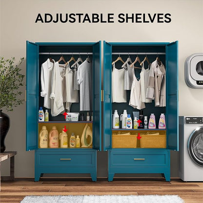 COFaR Metal Wardrobe Closet, 71" Armoire Cabinet with Drawer & Hanging Rod, Freestanding 2-Door Clothing Storage with Adjustable Shelf, Elegant Bedroom Organizer (Peacock Blue)