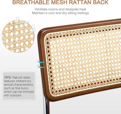 Zesthouse Rattan Dining Chairs Set of 2, Mid Century Modern Dining Room Chairs with Natural Cane Mesh & Chrome Base, Brown Cesca Chair for Kitchen, Breuer Design Inspired, Upholstered Chenille Fabric