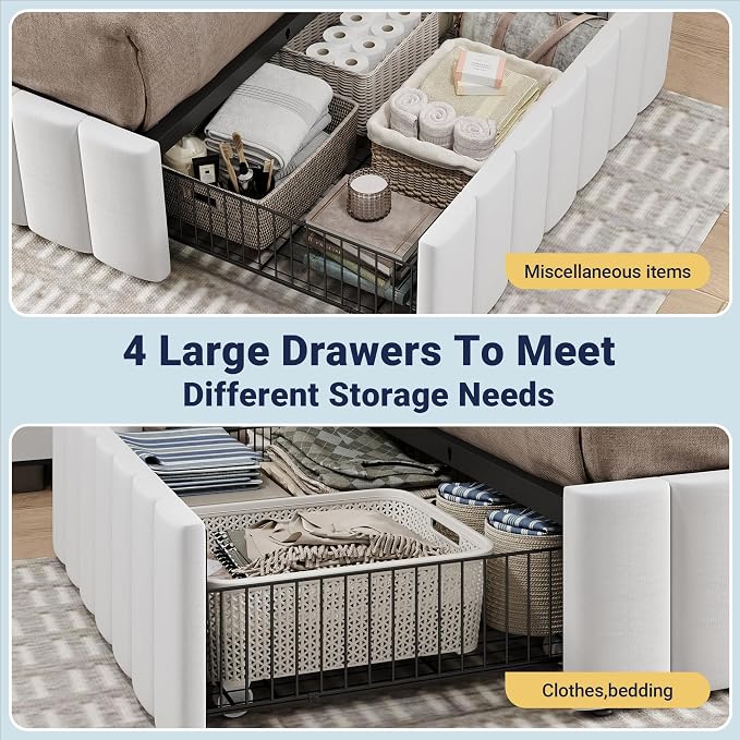 Allewie Full Size Platform Bed Frame with 4 Large Storage Drawers, Velvet Vertical Channel Tufted Upholstered Bed Base, Wooden Slats Support, Noise-Free, No Box Spring Needed, Easy Assembly, White