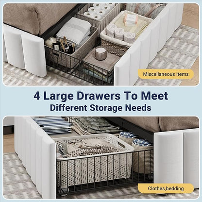 Allewie King Size Platform Bed Frame with 4 Large Storage Drawers, Velvet Vertical Channel Tufted Upholstered Bed Base, Wooden Slats Support, Noise-Free, No Box Spring Needed, Easy Assembly, White