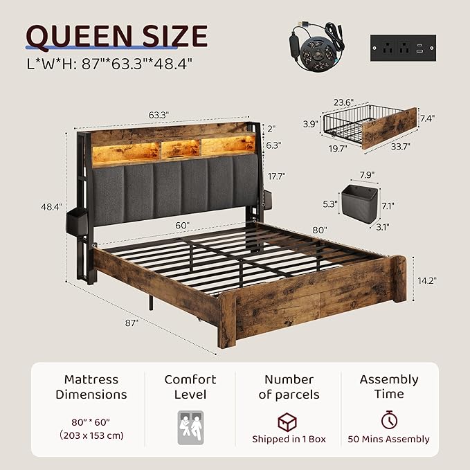 BRELTAM Queen Bed Frame with Storage Drawers Upholstered Bed with 2-Tier Storage Headboard and LED Light&Charging Station,Metal Platform Bed Frame Queen Size,No Box Spring Needed,Vintage Brown