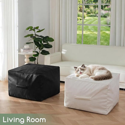 HIGOGOGO Square Stuffed Pouf Ottoman, Pu Leather Poufs with Foam Chunk Filling, Furry and Fluffy Pouf Foot Stool Storage Ottoman,26x18 Inches Floor Poufs Foot Rest for Living Room, Black
