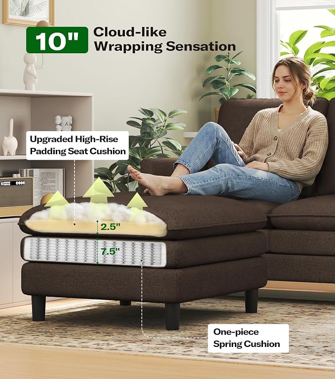 Welzona 3-Layers Cloud L Shaped Couch, 51" Loveseat Sofa Living Room, Bedroom - Tool-Free Assembly with Teddy Fabric Small L Shape Sofa - Brown - Removable Washable Covers - 650lbs Capacity